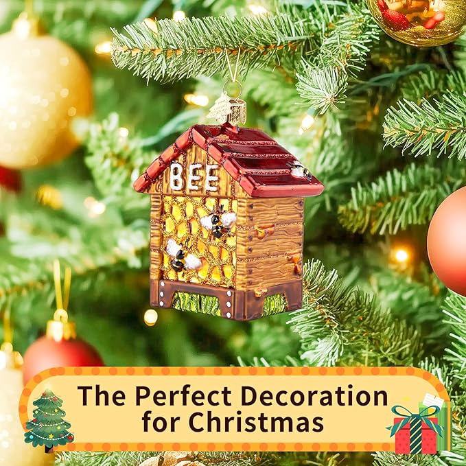 Bee Christmas Ornaments,Glass Blown Ornaments for Tree,Beehive Box Collection Figurines Hanging Ornaments, Christmas Tree Decorations for Bee Lovers Holiday Party Home Gifts