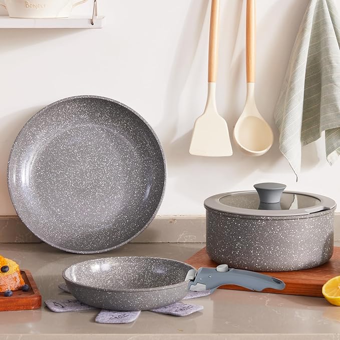Gray Non Stick Pot and Pan Set with Removable Handle, Ceramic Cookware Set Detachable Handle, 5pcs Induction Kitchen Camping Stackable Pots Pans, Dishwasher/Oven Safe, PTFE/PFAS/PFOA Free