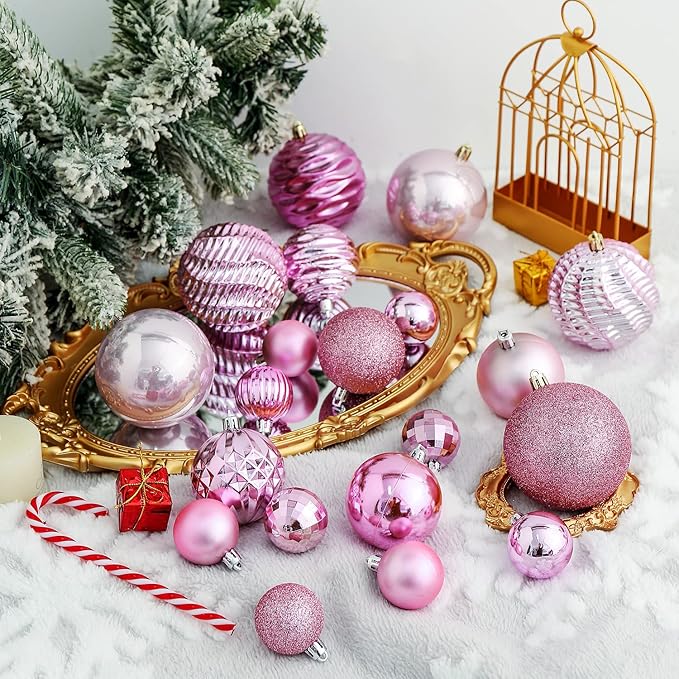 XmasExp 60mm/2.36" Christmas Ball Ornaments Shatterproof Christmas Ornaments Set Decorations for Xmas Tree Balls - 24ct (2.36'', Pink)
