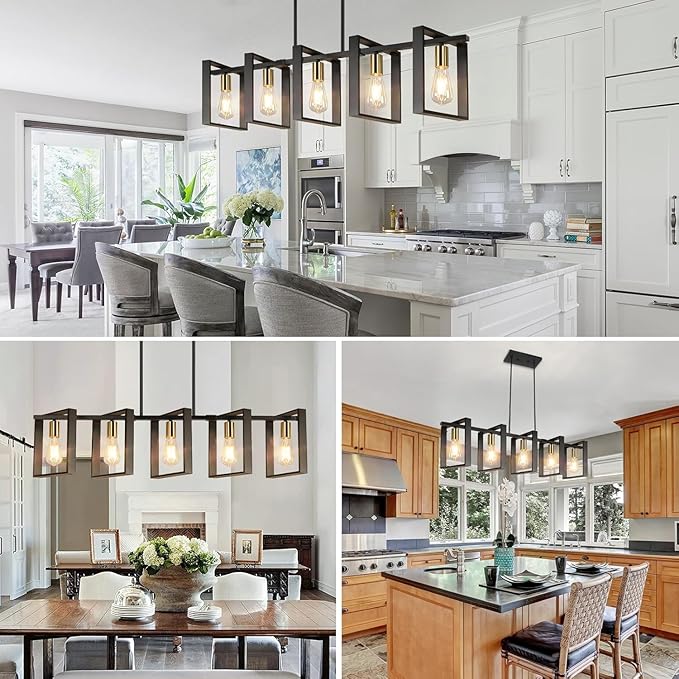 5-Light Black Gold Dining Room Light Fixture, 53’’ Farmhouse Wood Chandelier Kitchen Island Lighting Over Table, Modern Black Rectangular Hanging Pendant Light Fixture for Living Room, E26 Sockets
