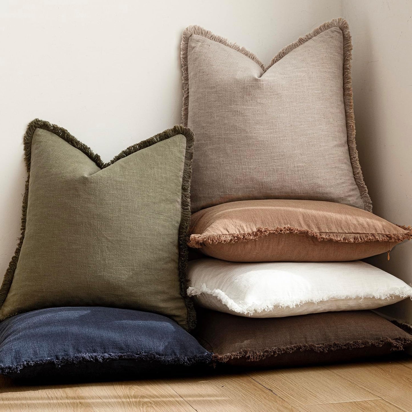Foindtower Set of 2 Decorative Linen Fringe Throw Pillow Covers Boho Farmhouse Cushion Cover with Tassels Soft Accent Pillowcase for Couch Sofa Bed Living Room Home Decor,26×26 Inch,Natural Linen