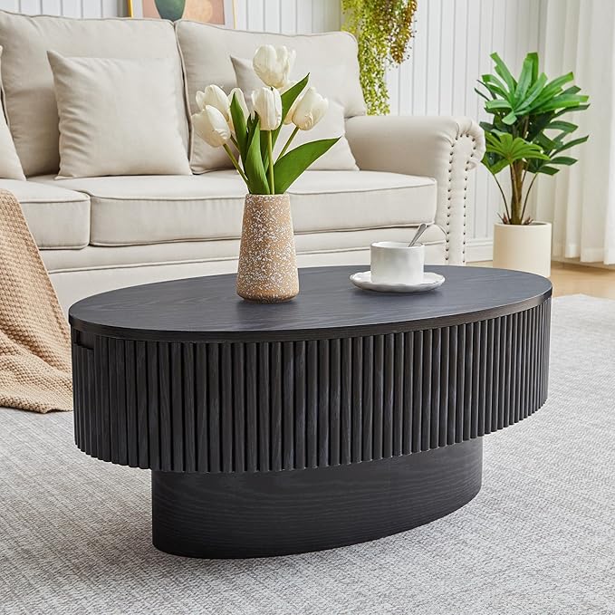Oval Coffee Table with Hidden Storage, 31.5 Inch Wide Modern Coffee Table, Center Table with Fluted Veneered, Accent Tea Table for Small Space Living Room Apartment (Black)