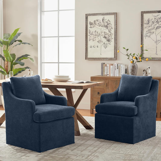 VKNOW Upholstered Dining Chairs Set of 2, Modern Kitchen Chairs Dinner Chairs with 4 Casters, Linen Armchair for Bedroom Reading Room Living Room, Navy