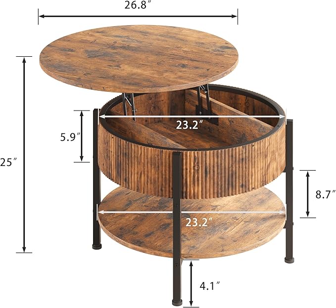 26.77” Small Coffee Table, Round Fluted Lift Top Coffee Table with Storage, Rustic Central Table with Lift Tabletop for Living Room, Home Office, Brown