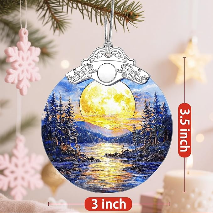 Christmas Ornaments: Stained Glass Ornament, Christmas Tree Ornament, Hanging Ornaments for Home Decor, Xmas Tree Decorations, Holiday Decor, Gift, Holiday Present - Full Moon Over Forest Lake
