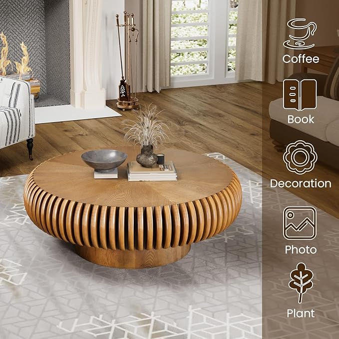 31.5" Drum Coffee Table Modern Unique Fluted Tea Table Contemporary Wood Round Coffee Table with Fluted Centry Table for Living Room Walnut (31.5" Brown)