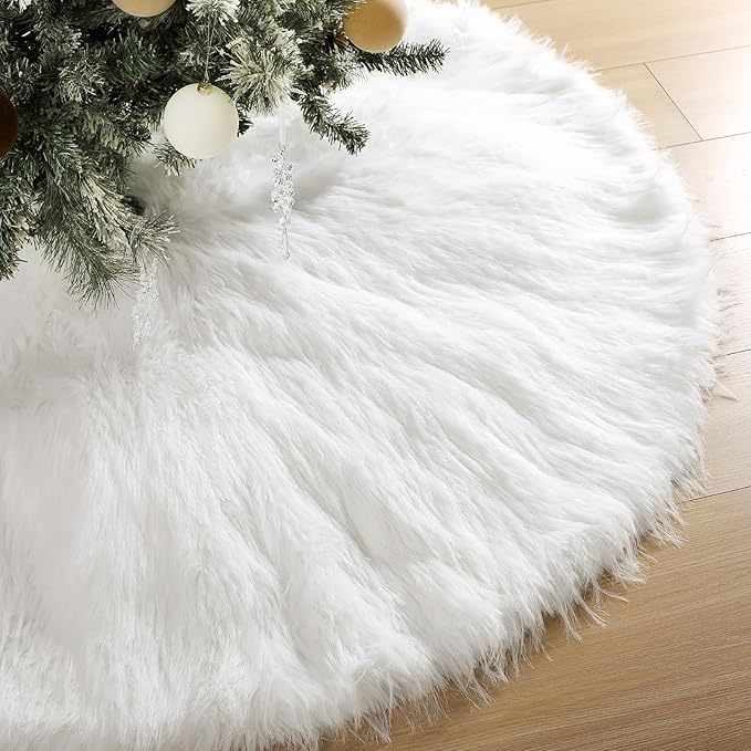 60 Inch Extra Large Faux Fur Christmas Tree Skirt, White Long Fur Fluffy Tree Skirt Plush Luxury Soft Warm for Home Xmas Party Holiday Indoor Decor