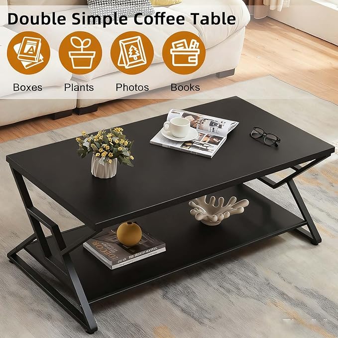 HOMISSUE Coffee Table, Rustic Rectangle Coffee Table with 2-Tier Storage, Engineered Wood Center Table with Open Shelves, Minimalist Coffee Table for Living Room, 47 Inch, Black