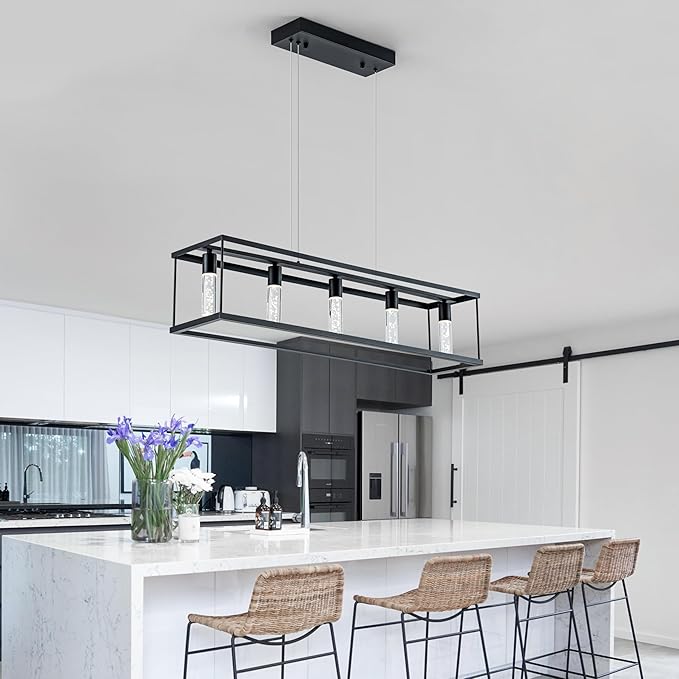 LED Linear Pendant Light with Bubble Bulb, Dimmable Farmhouse Dining Room Light Fixture, 39" 25W Linear Dining Room Light, 3000K-6000K for Kitchen Island, Dining Table (Black)