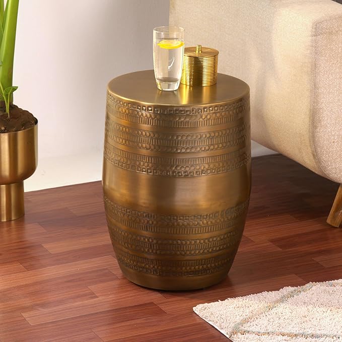 Modern Round Aluminum Hammered Embossed Texturing Metal Side Coffee Table, Hand-Stamped Iron, Boho Accent Side Table, Drum Shaped, for The Living Room and Bedroom, Brass
