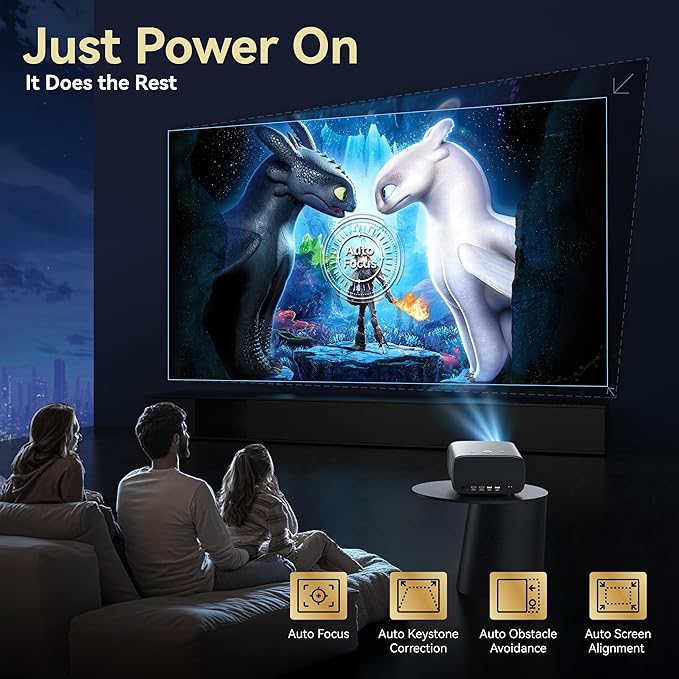 Smart Projector with WiFi and Bluetooth Built-in Streaming Apps, Portable Mini Outdoor Projector, AI Auto Focus & Keystone, Home Movie Projector with 30W Dolby, HDR10+, Ceiling Projector for Bedroom