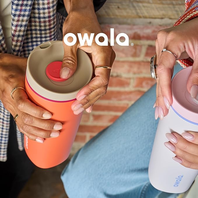 Owala SmoothSip Slider Insulated Stainless Steel Coffee Tumbler, Reusable Iced Coffee Cup, Hot Coffee Travel Mug, BPA Free 12 oz, Grey/Blue (Beachy Breeze)