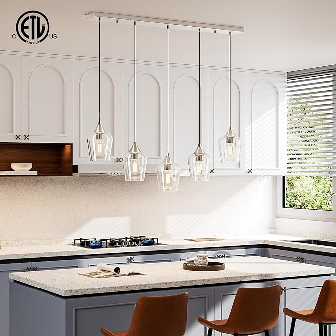 VONLUCE Pendant Lights Kitchen Island, Brushed Nickel Pendant Light Fixtures with E26 Base & Adjustable Cable, Modern Pendant Lighting with Glass Shade for Living Room Bedroom Hallway, 5 Packs