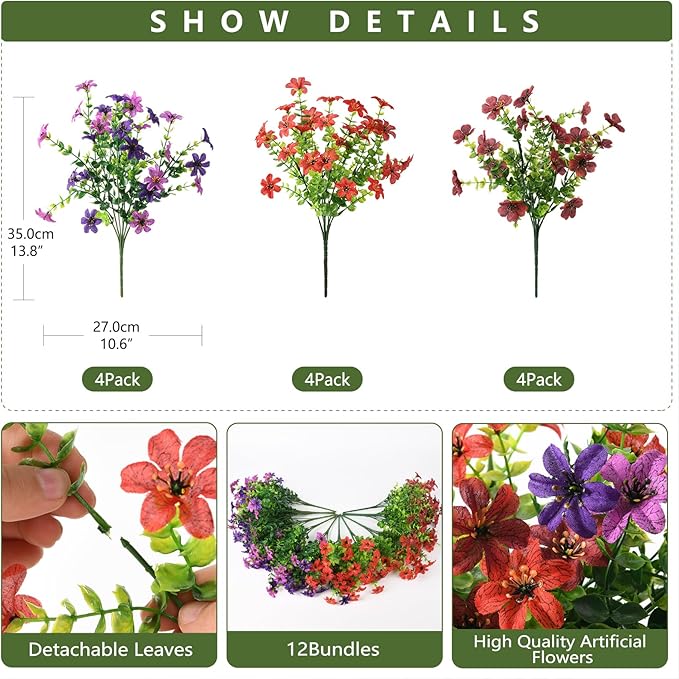 Homsunny Artificial Mums Fake Flowers for Outdoors Decoration, 12 Bundles Faux Silk Daisy Plants UV Resistant for Outside Garden Front Door Porch Planter Patio Yard (Mix)
