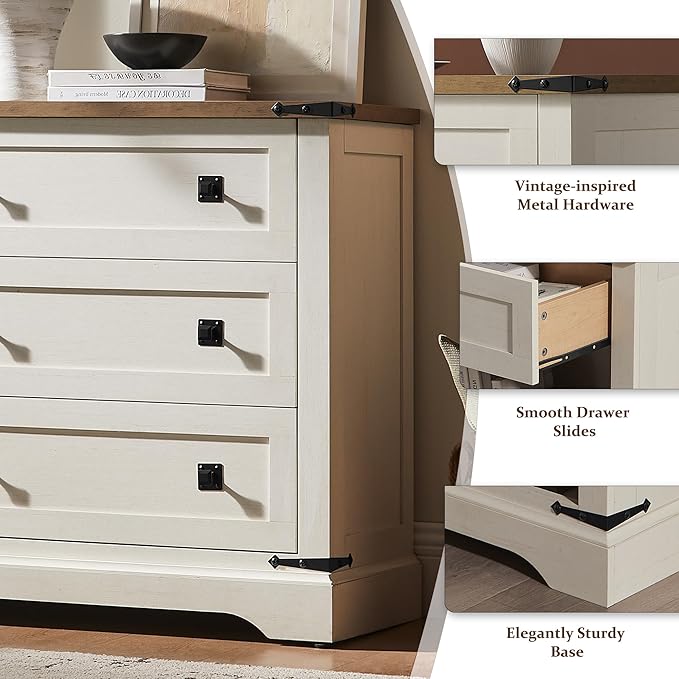 T4TREAM 32" Farmhouse Nightstand with Charging Station, Large End Table with 3 Storage Drawers, Rustic Wood Bedside Table for Bedroom, Living Room, Antique White