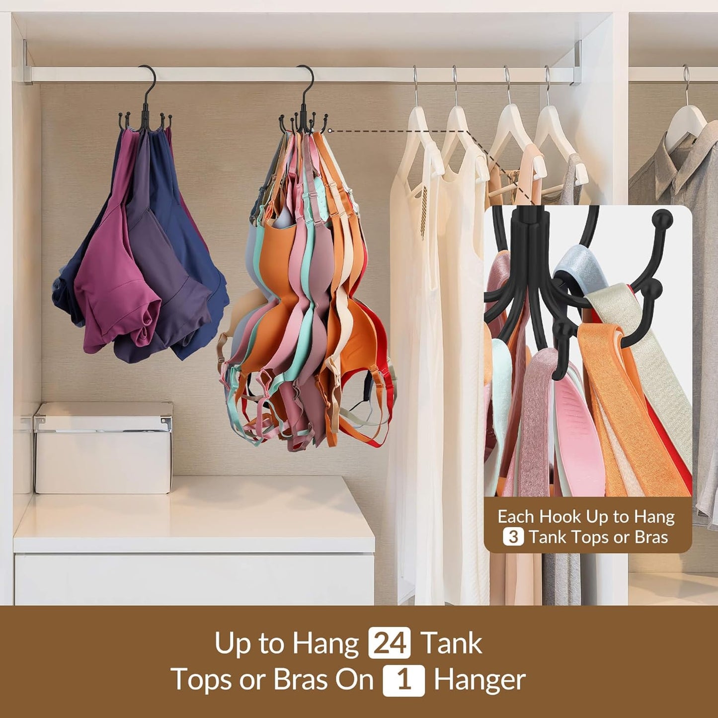ZEDODIER Tank Top Hanger, Rotatable Bra Organzier for Closet, Max 24 Storage Capacity Sport Bra Holder, Metal Space Saving Closet Organizers and Storage, Black