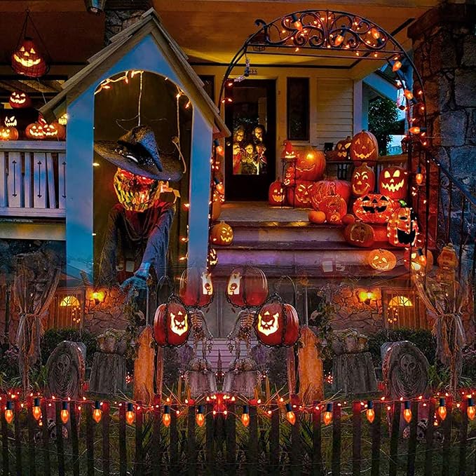 C9 Orange Halloween String Lights, 25Ft Christmas Outdoor String Lights with 26 Clear Orange Bulbs(1 Spare), Hanging Patio Lights for Outdoor Halloween Christmas Roofline Party Decoration- Black Wire