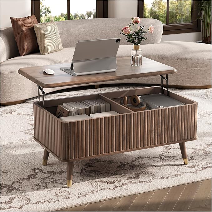 Lift Top Coffee Table with Storage, Mid Century Modern Walnut Fluted Coffee Table, Rectangular Wood Center Table with Rising Desktop & Open Shelf for Work from Home, Living Room, Walnut
