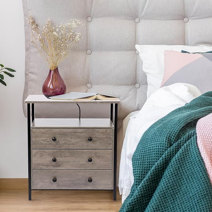 3 Wooden Drawers Nightstand, 27 Inch Wide Night Stand Set 2 with Charging Station and Adjustable Drawers, Small Dresser for Closet, Bedside Table for Living Room/Bedroom/Office, Gray.