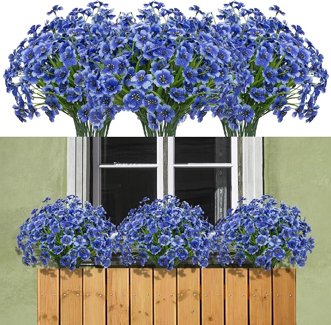 15 Bundles Artificial Flowers Outdoor UV Resistant Fake Silk Plants Plastic Faux Shrubs Outside Front Porch Window Box Garden Home Hanging Planter Decoration (Blue)