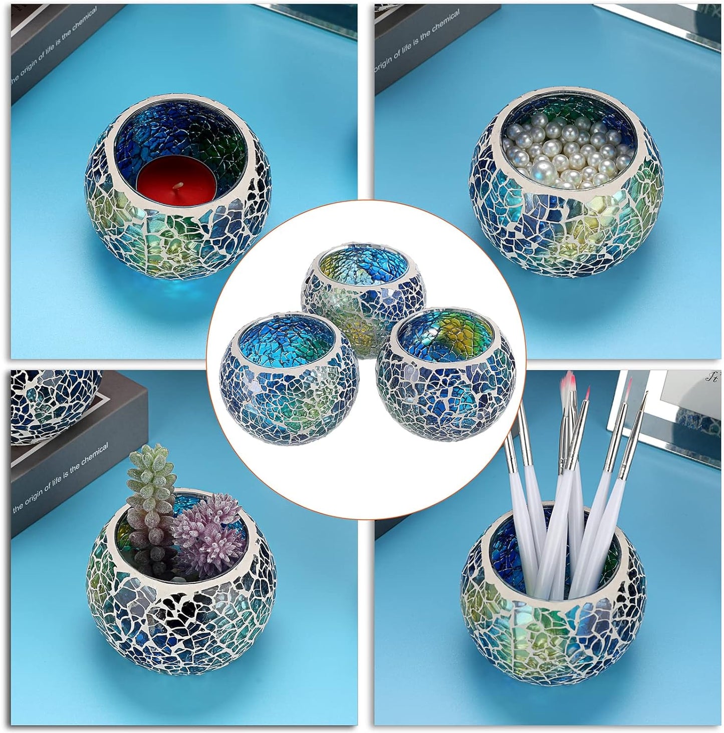 OwnMy Set of 3 Blue Mosaic Glass Tea Light Holders Round Bowl Votive Candle Holders Pillar Candle Stands, Glass Mosaic Tealight Holders Potted Plant Bowl Vase Candle Centerpiece for Table Wedding