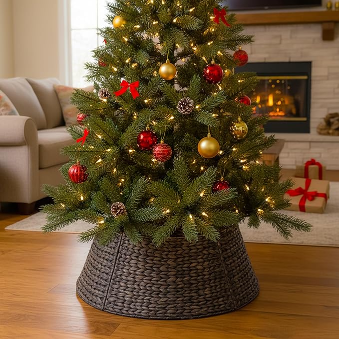 24in Christmas Tree Collar, Christmas Tree Ring Adjustable Water Hyacinth Skirt, Christmas Tree Skirt for Decoration, Base Protection from Pets (Black)