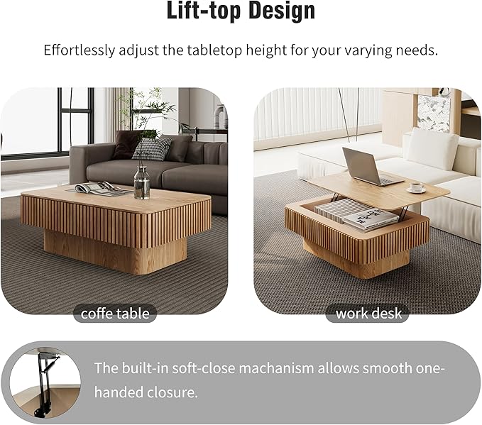 38.6" Lift Top Coffee Table, Modern Fluted Tea Table with Hidden Storage for Living Room, Apartment or Office, Natural Wood