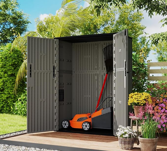 ZZM 57 Cu.ft Outdoor Storage Shed with Floor HDPE Double-Wall Resin Sheds Outdoor Storage, Lockable Weatherproof Storage Cabinet Fit for Garden Tools, Garage can, Bike, Patio Furniture, Coffee