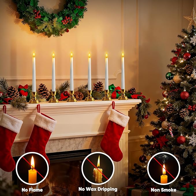 6 Pcs Window Candles with Gold Holders, Flameless Taper Candles with Remote and Timer, White LED Christmas Candle for Home Window Holiday Xmas Decor
