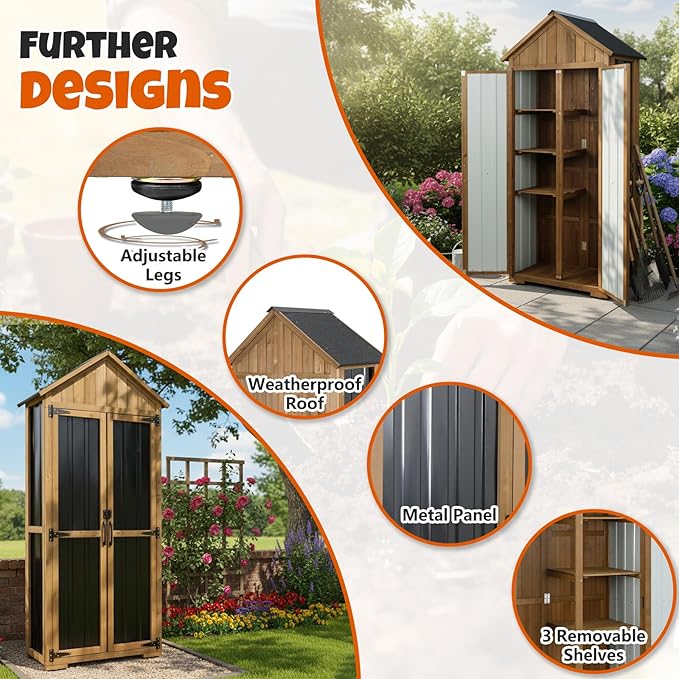 Outdoor Storage Cabinet with Shelves, Wood & Metal Storage Shed with Weatherproof Roof, 3 Removable Shelves, Double Lockable Doors, Adjustable Feet, Outside Storage Cabinet for Garage,Backyard, Patio