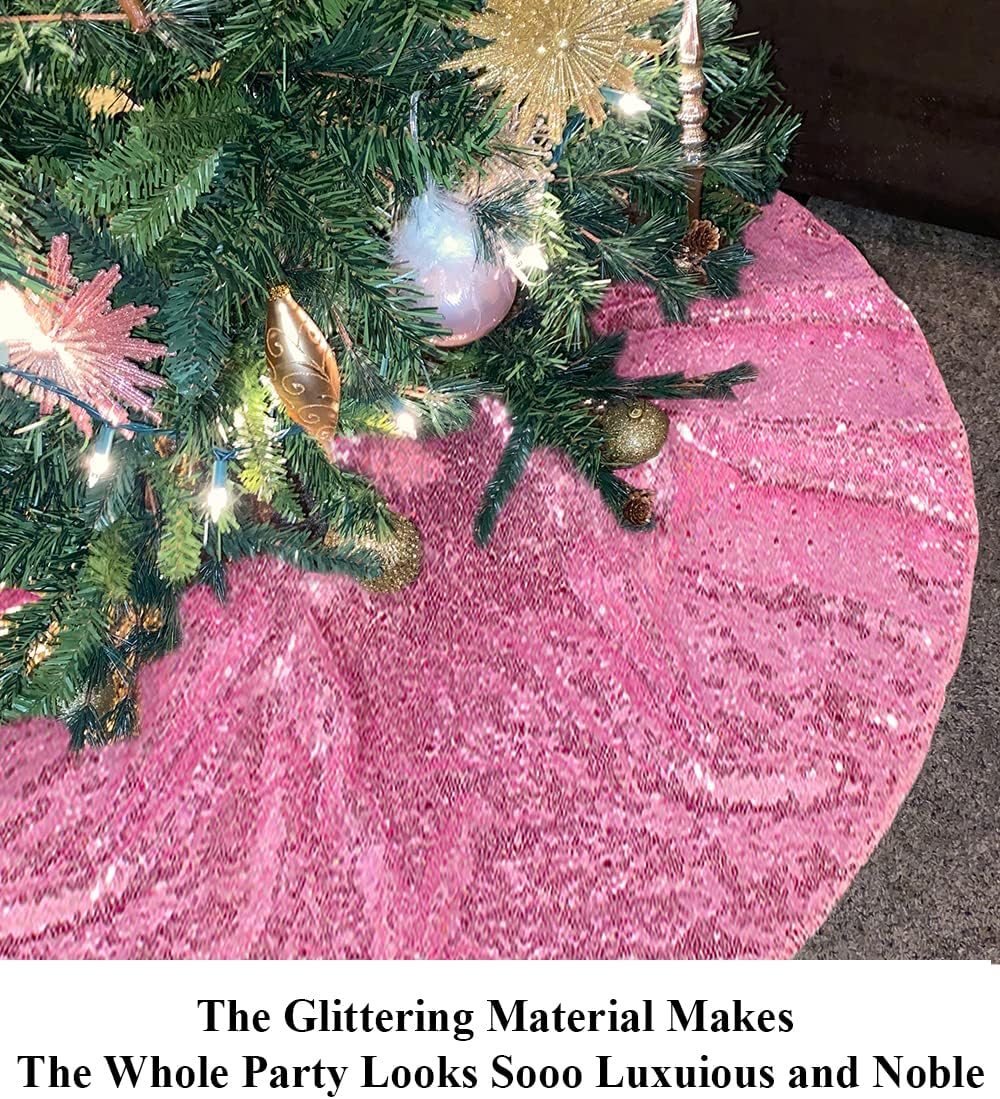 Partisout 48in Fuchsia Pink Sequin Tree Skirt Glitter Colorful Christmas Skirts for Halloween Holiday Celebration Supplies
