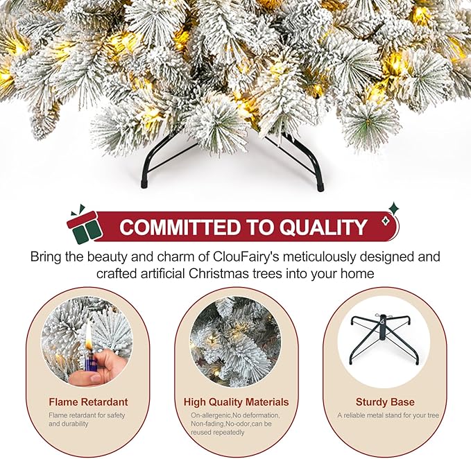 6 FT Pre-Lit Snow Flocked Slim Fir Christmas Tree with 935 PE & PVC Mixed Branch Tips,Artificial Skinny Pencil Xmas Tree with 600 Warm-White Lights & 31 Pine Cones,Hinged Pine Tree with Metal Stand