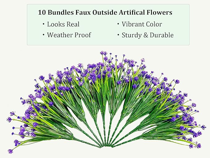Faux Outdoor Plastic Plants 10 Bundles No Fade Artificial Flowers UV Resistant Fake Shrubs for Home Party Fake Plants for Planters Purple