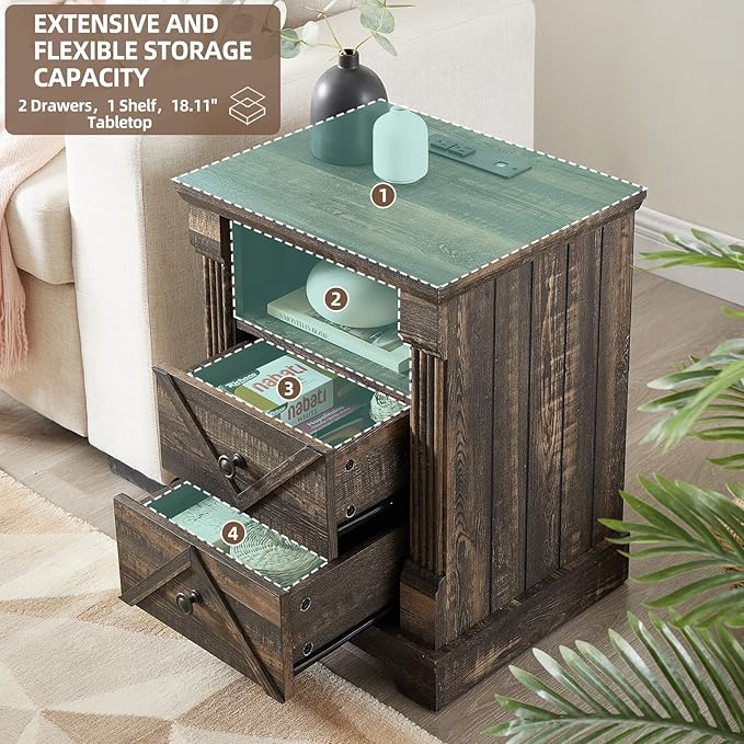 Nightstand with Charging Station, Rustic 18 Inch Farmhouse End Table with Barn Door, Wood Sofa Side Table with 2 Storage Drawers for Living Room, Bedroom, Entryway(Dark Rustic Oak)