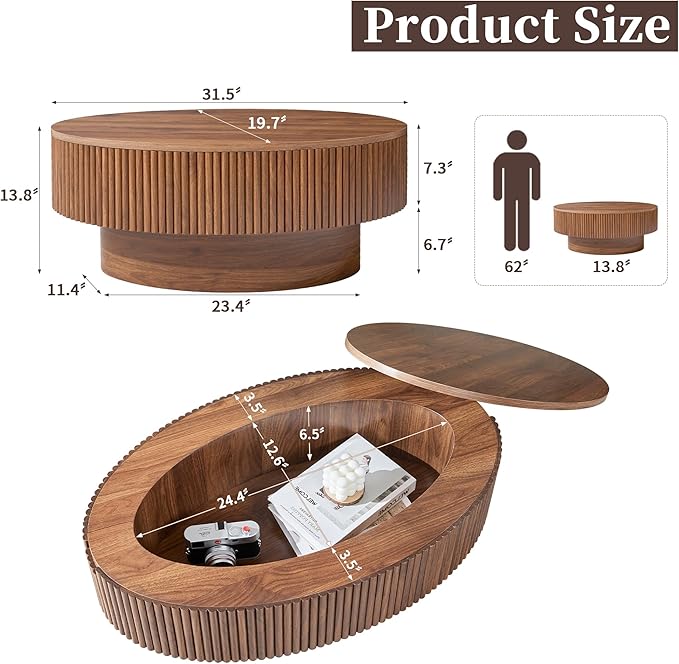 Oval Coffee Table with Hidden Storage, 31.5 Inch Wide Modern Coffee Table, Center Table with Fluted Veneered, Accent Tea Table for Small Space Living Room Apartment (Walnut)