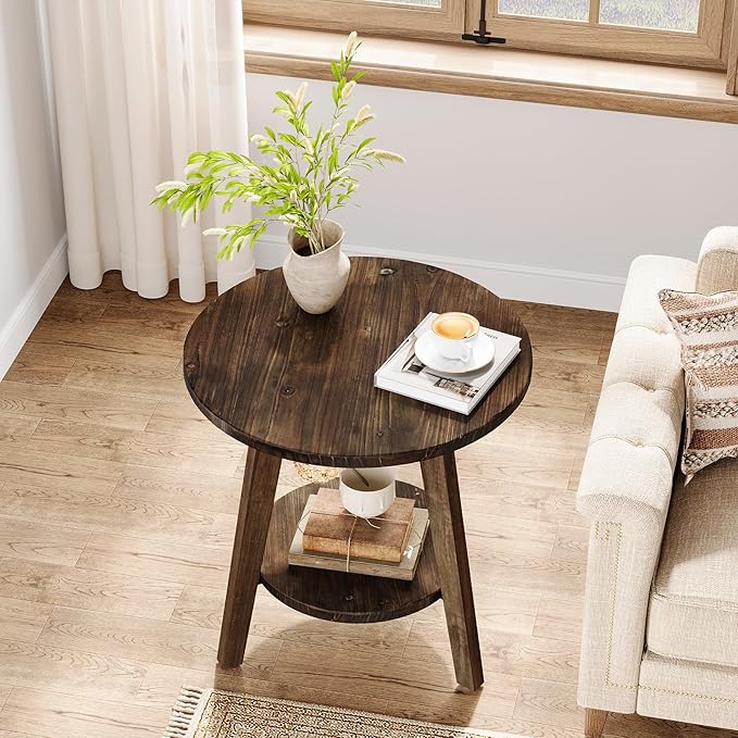Solid Wood Round End Table, Sofa Side Table with Storage Shelf, Farmhouse Nightstand for Living Room, Bedroom, Easy Assembly (Dark Brown, 2 PCS)