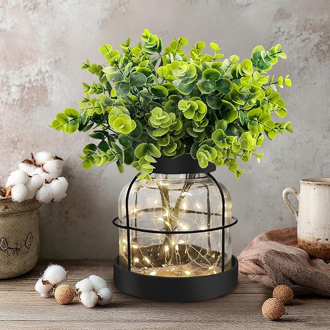 Rustic Farmhouse Glass Vases with Green Artificial Eucalyptus Plants & Lights Primitive Vintage Lantern Home Decor Centerpiece for Counter Coffee Table Shelf Office Dining Room Kitchen Bathroom,Black