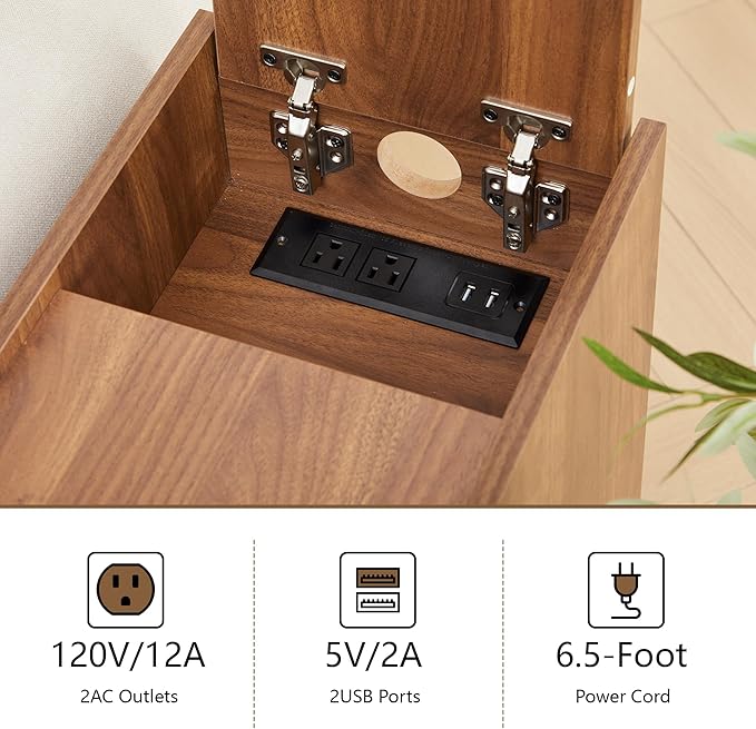 Metal Rattan Narrow End Table with Charging Station Set of 2, Farmhouse Side Table with Drawers Storage, Small Night Stand with Power Outlets and USB Ports, Sofa Side Table for Living Room - Walnut