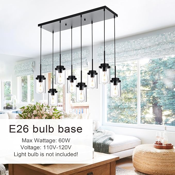 MELUCEE 8 Lights Linear Chandelier Lighting Black Island Light for Kitchen, 31.5 Inches Cluster Pendant Light Fixtures Hanging Foyer Lighting Dining Room Lights with Clear Glass Shade
