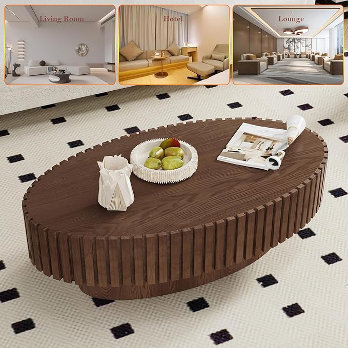 43.3in Fluted Side Tables Living Room Modern Chic Drum Coffee Table - Spacious Tabletop, for Small Space - Living Room Apartment Study,Walnut