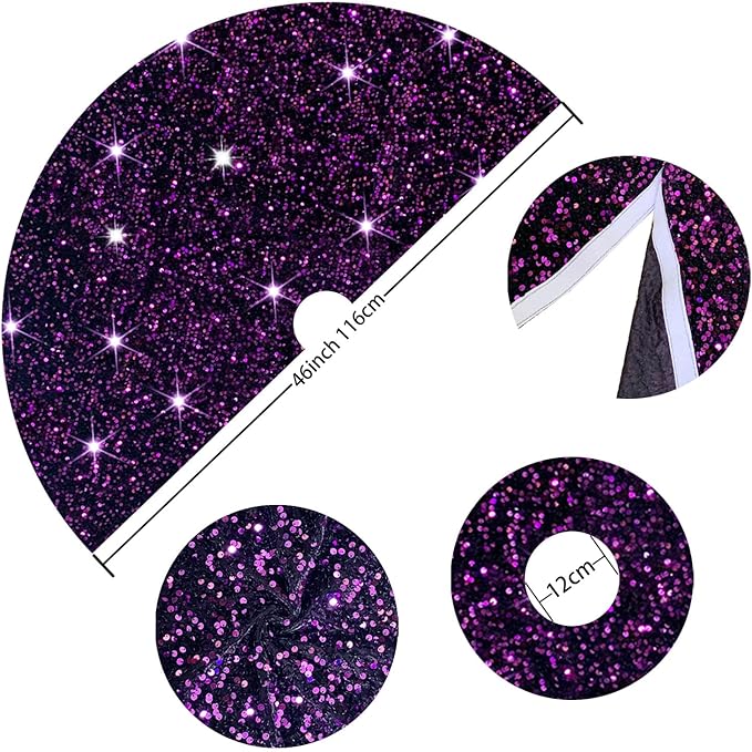 FUHSY 48 Inch Sequin Tree Skirt Christmas Purple Tree Skirts Velvet Tree Mat Halloween Theme Tree Skirt Glitter Xmas Tree Skirts Shimmer Round Tree Cover Skirt for Holiday Halloween Tree Decorations