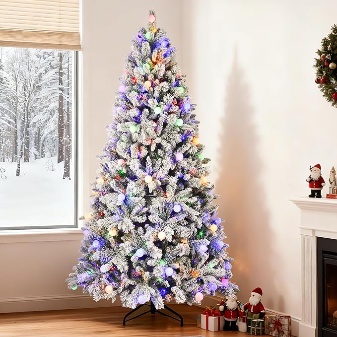 Christmas Decorations Tree, 8FT Prelit Flocked Christmas Tree with Warm White & Multi-Color Lights,Premium Artificial Flocked Trees Full Branch Tips,First Choice Decorations for Xmas