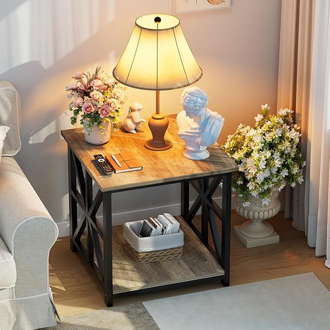 GreenForest End Table with 2-Tier Storage Shelf, 19.7 inch Side Table for Living Room, Modern Nightstand Bedside Table for Bedroom Office, Grey Wash