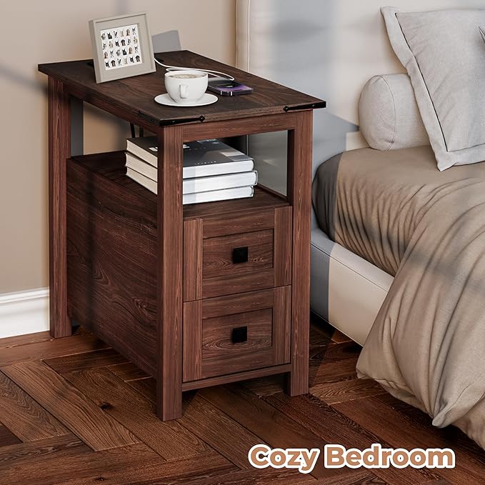 Farmhouse End Table with Charging Station and 2 Storage Drawers, Cherry Wood Nightstand Narrow, Skinny Side Table Rustic, Slim Bedside Table, Open Shelf, Small for Bedroom, Living Room, Sofa