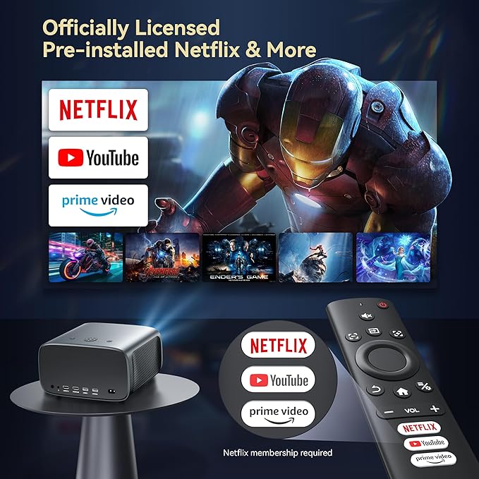 Smart Projector with WiFi and Bluetooth Built-in Streaming Apps, Portable Mini Outdoor Projector, AI Auto Focus & Keystone, Home Movie Projector with 30W Dolby, HDR10+, Ceiling Projector for Bedroom