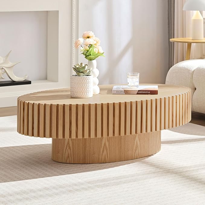 WILLIAMSPACE 43.7" Oval Coffee Table, Modern Luxury Wood Drum Center Table for Living Room, Handcraft Accent Side End Table for Apartment, 43.7"*24.8"*13.78"H (Oak)
