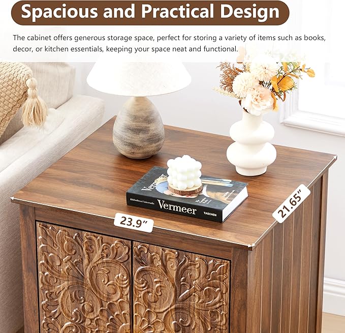 Farmhouse End Table with Carved Floral Door, 24" Wide Nightstand with Adjustable Shelf, Wooden Square Sofa Side Table Storage Table for Living Room Bedroom (Walnut)