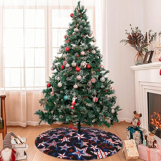 4th of July Patriotics American Flag Stars and Stripes Veterans Day Christmas Tree Skirt Memorial Day Xmas Tree Mat Halloween Christmas Tree Ornaments Decorations Holiday Party Indoor Outdoor 30"
