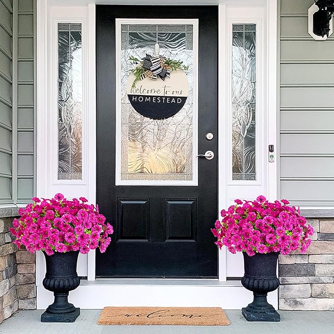 Artificial Flowers for Outdoors Decoration, 10 Bundles Fake Plastic Flower Plant, Faux Colorful Silk Morning Glory Eucalyptus for Outside Garden Porch Front Door Decor, Purple