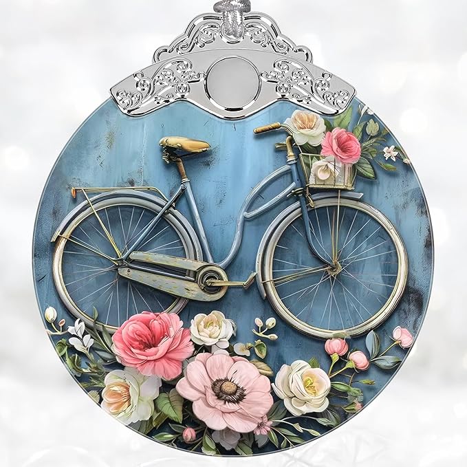 Christmas Decorations Ornaments, Stained Glass Ornament, Christmas Tree Ornaments, 2025 Gift Ornament, Xmas Gift for Friend Family Coworker - Bicycle with Flowers
